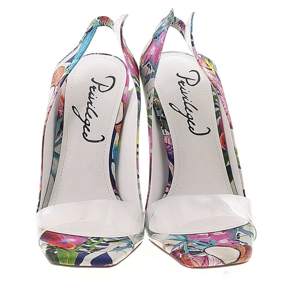 PRIVILEGED ~ Multi-colored w/tropical print and unique, clear sculptural 5” heel - Picture 7 of 9